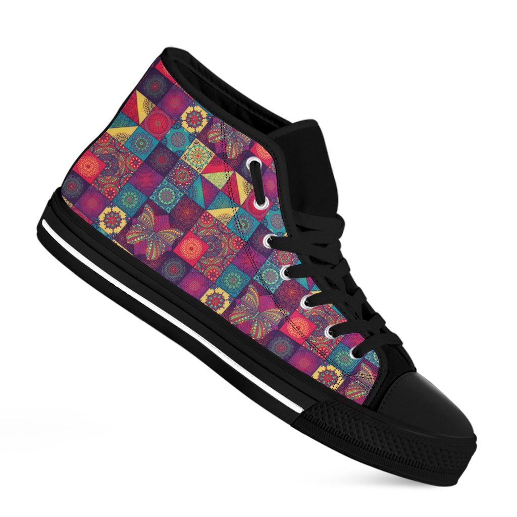 Bohemian Patchwork Pattern Print Black High Top Shoes
