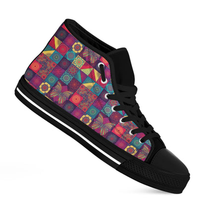 Bohemian Patchwork Pattern Print Black High Top Shoes