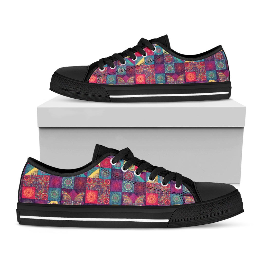 Bohemian Patchwork Pattern Print Black Low Top Shoes