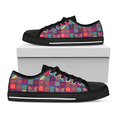 Bohemian Patchwork Pattern Print Black Low Top Shoes