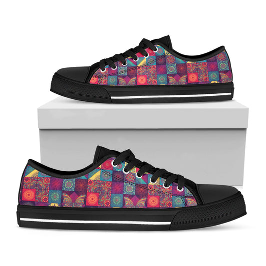 Bohemian Patchwork Pattern Print Black Low Top Shoes