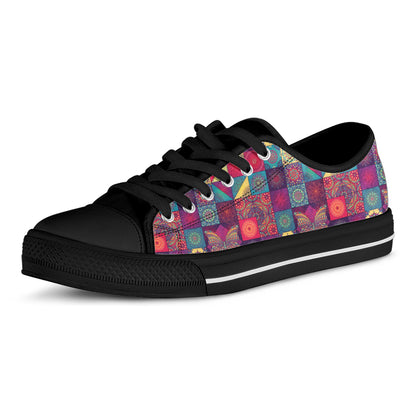 Bohemian Patchwork Pattern Print Black Low Top Shoes