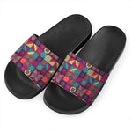 Bohemian Patchwork Pattern Print Black Slide Sandals