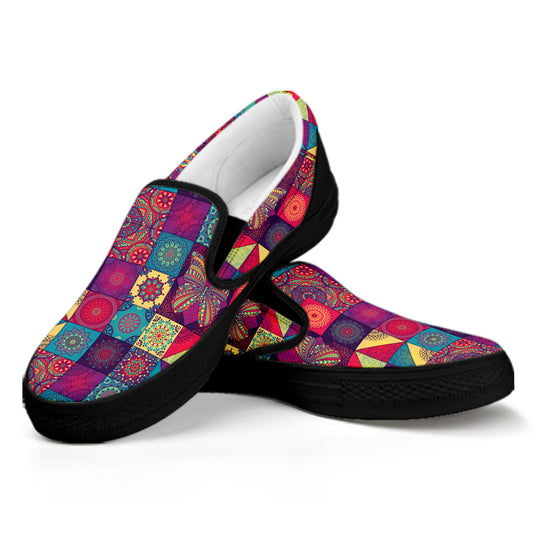 Bohemian Patchwork Pattern Print Black Slip On Shoes