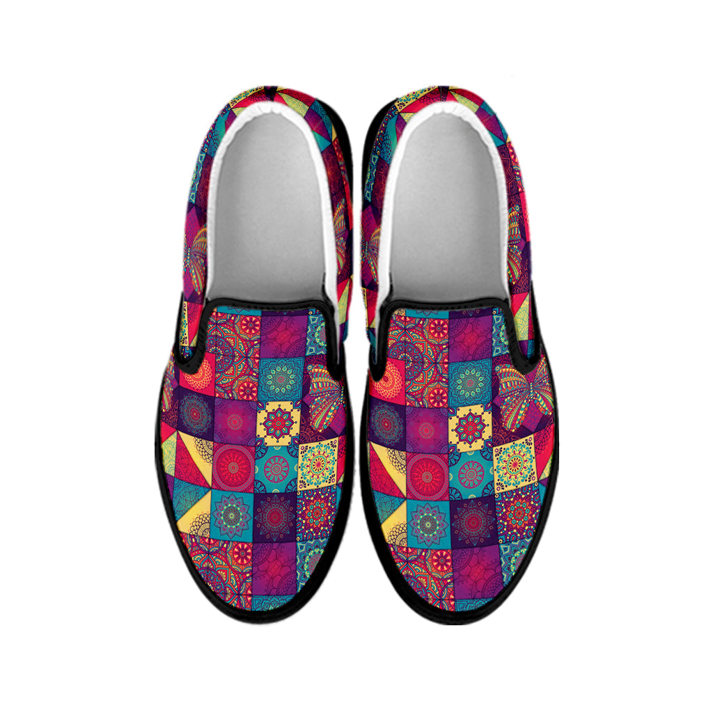 Bohemian Patchwork Pattern Print Black Slip On Shoes