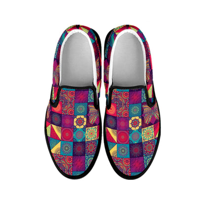 Bohemian Patchwork Pattern Print Black Slip On Shoes