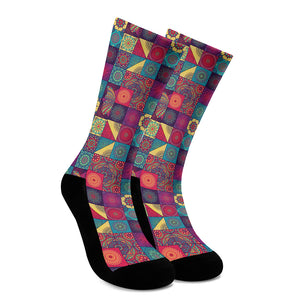 Bohemian Patchwork Pattern Print Crew Socks