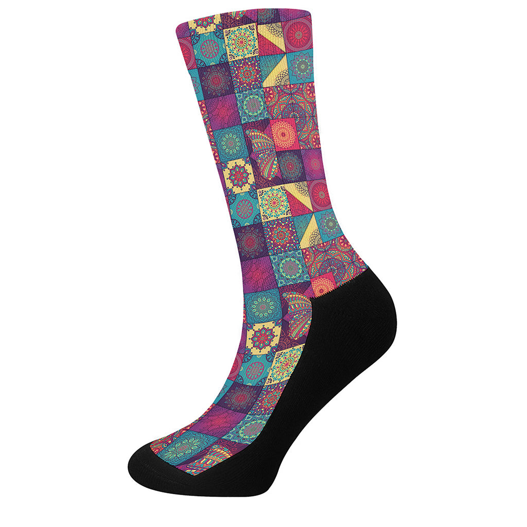 Bohemian Patchwork Pattern Print Crew Socks