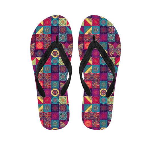 Bohemian Patchwork Pattern Print Flip Flops
