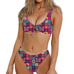 Bohemian Patchwork Pattern Print Front Bow Tie Bikini