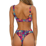 Bohemian Patchwork Pattern Print Front Bow Tie Bikini