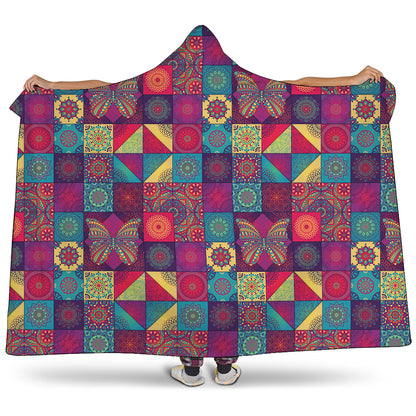 Bohemian Patchwork Pattern Print Hooded Blanket