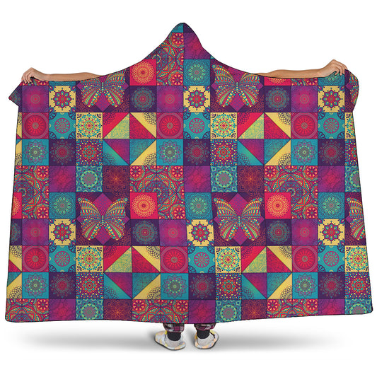 Bohemian Patchwork Pattern Print Hooded Blanket