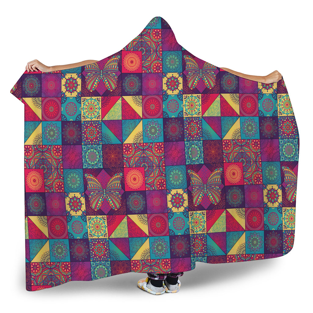 Bohemian Patchwork Pattern Print Hooded Blanket