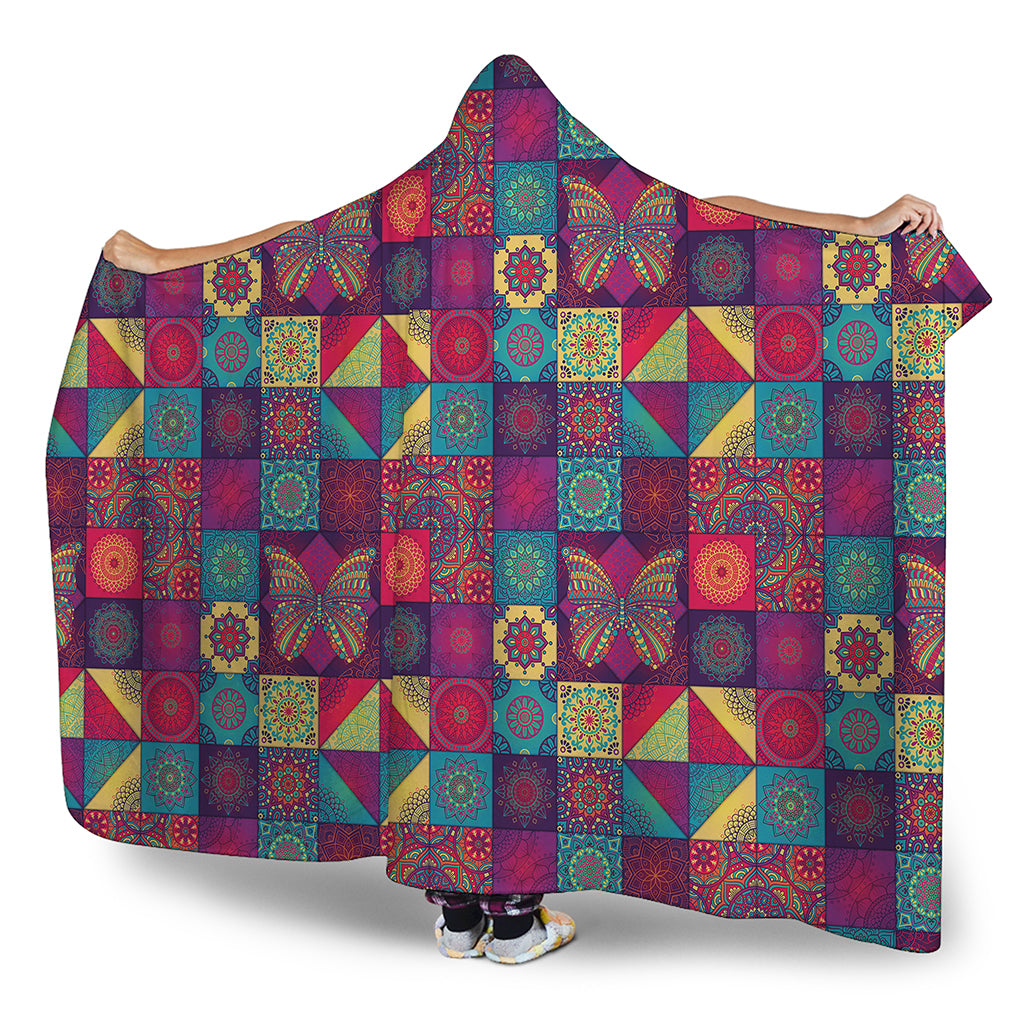 Bohemian Patchwork Pattern Print Hooded Blanket