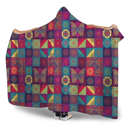 Bohemian Patchwork Pattern Print Hooded Blanket