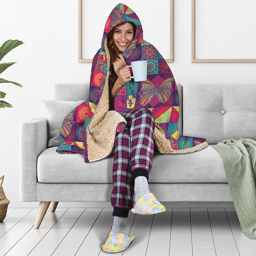 Bohemian Patchwork Pattern Print Hooded Blanket