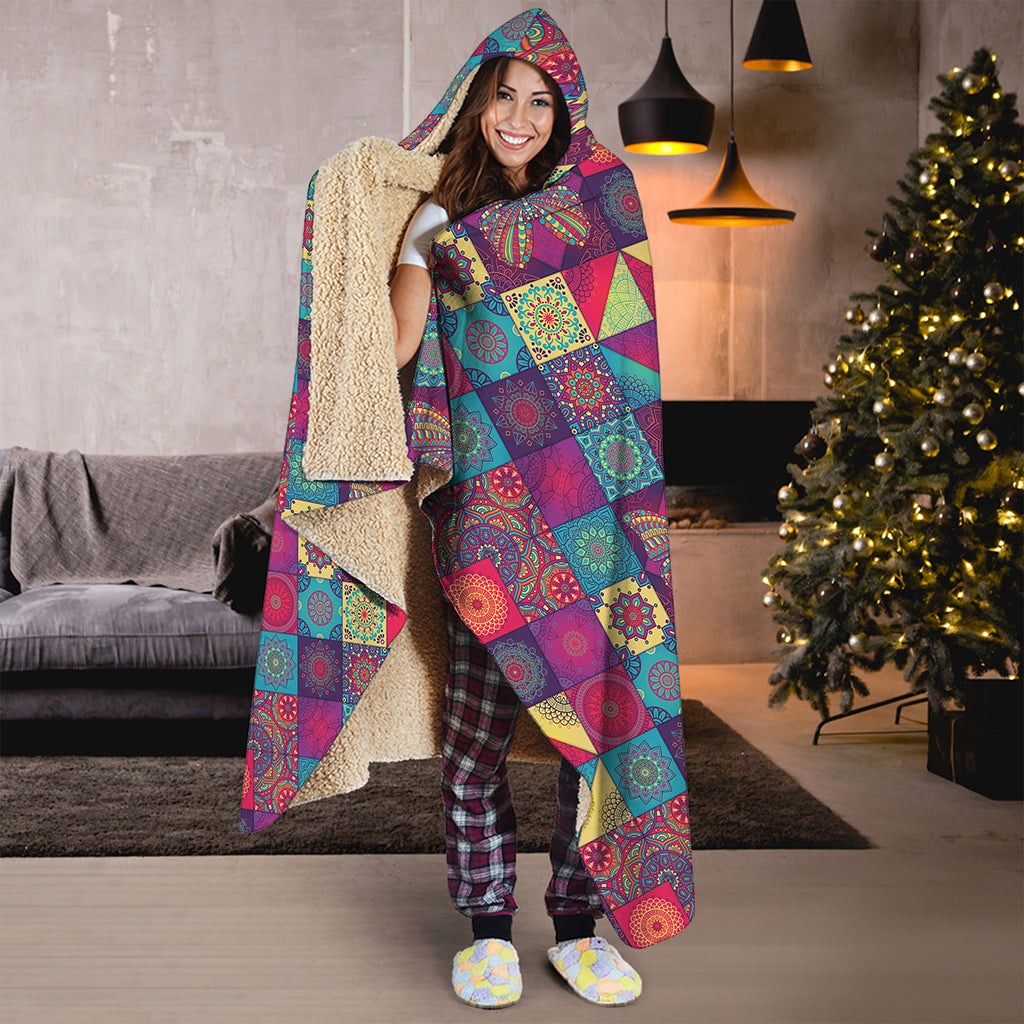 Bohemian Patchwork Pattern Print Hooded Blanket