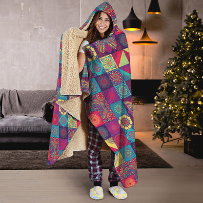 Bohemian Patchwork Pattern Print Hooded Blanket