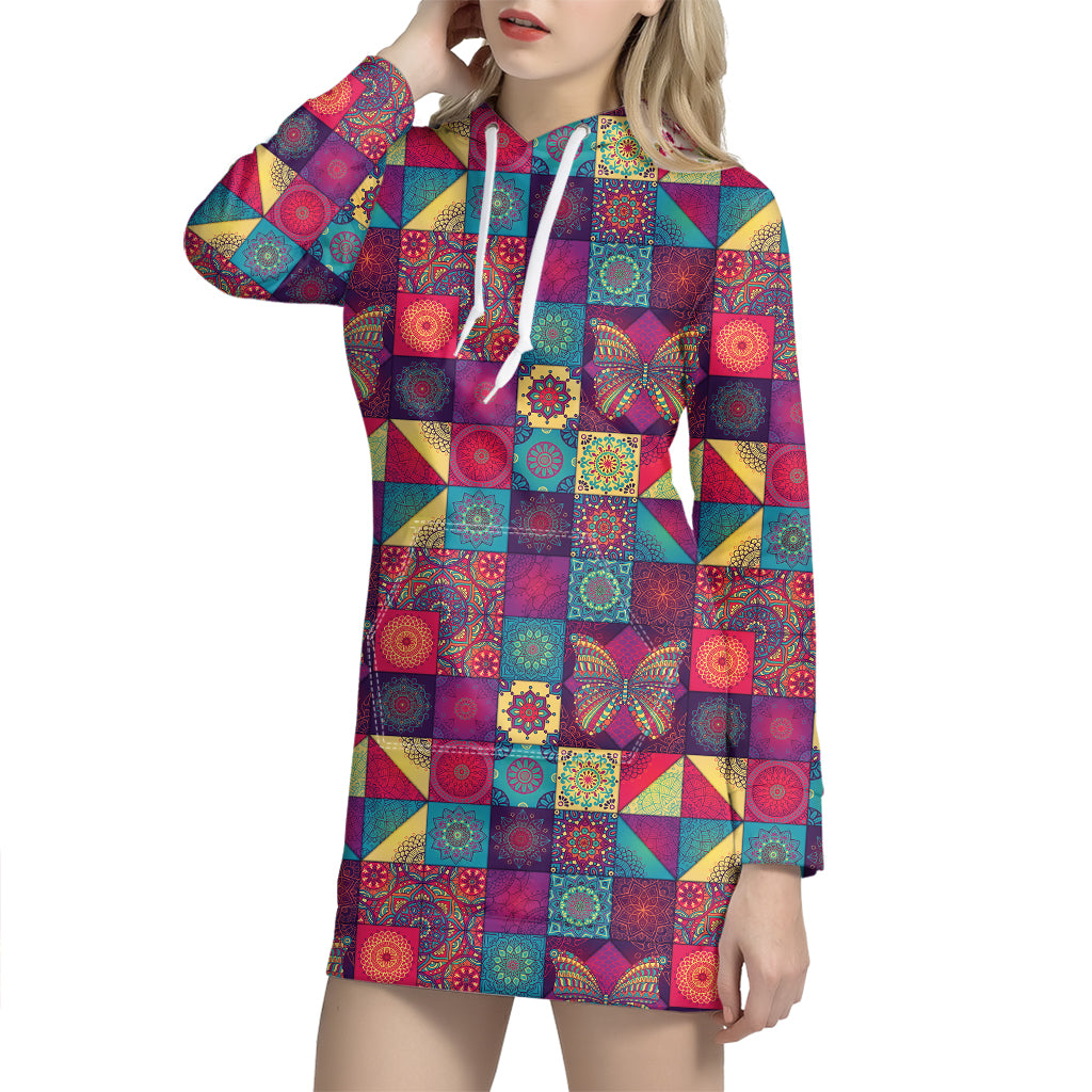 Bohemian Patchwork Pattern Print Hoodie Dress