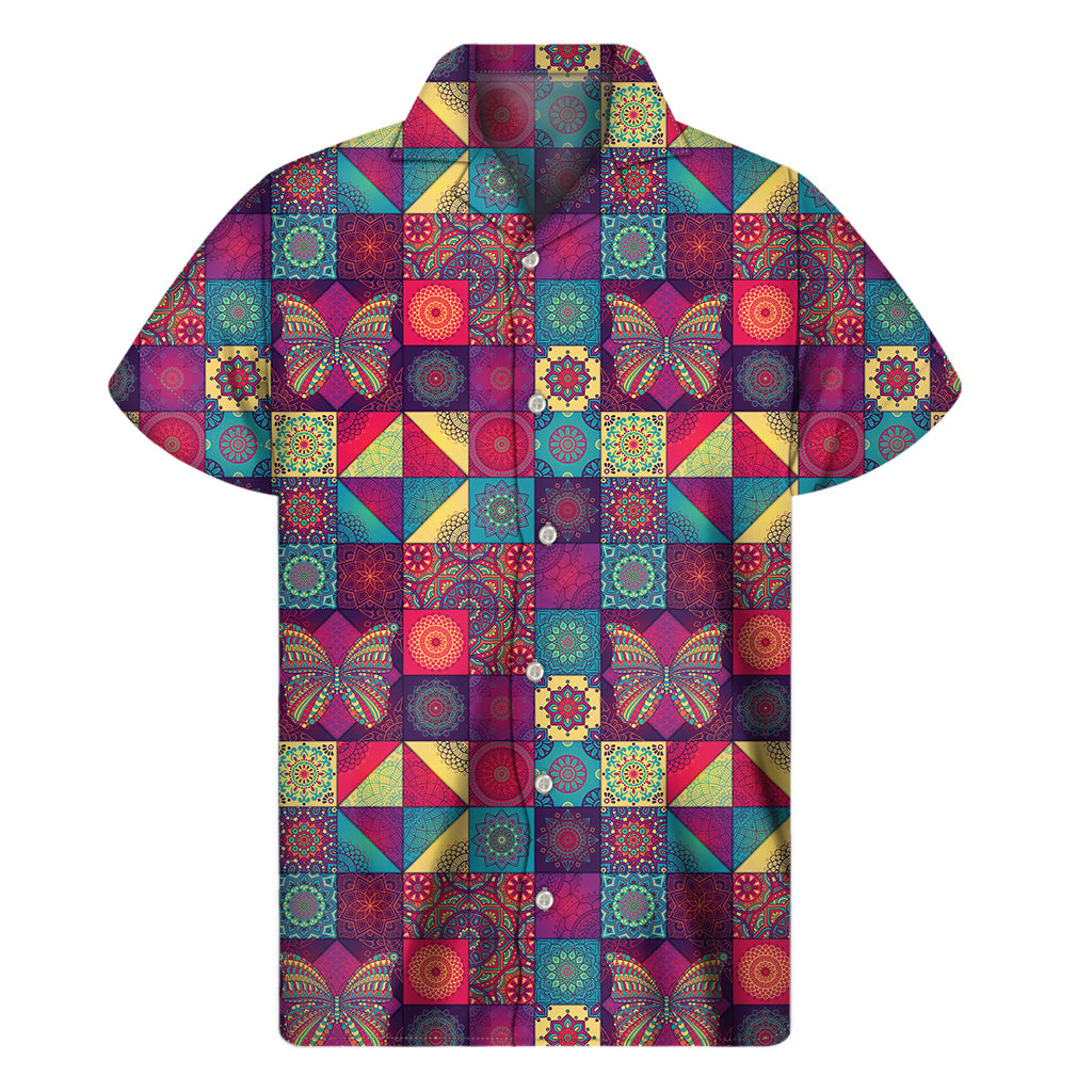 Bohemian Patchwork Pattern Print Men's Short Sleeve Shirt
