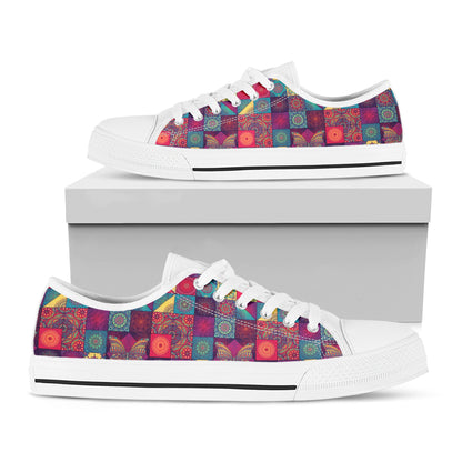 Bohemian Patchwork Pattern Print White Low Top Shoes