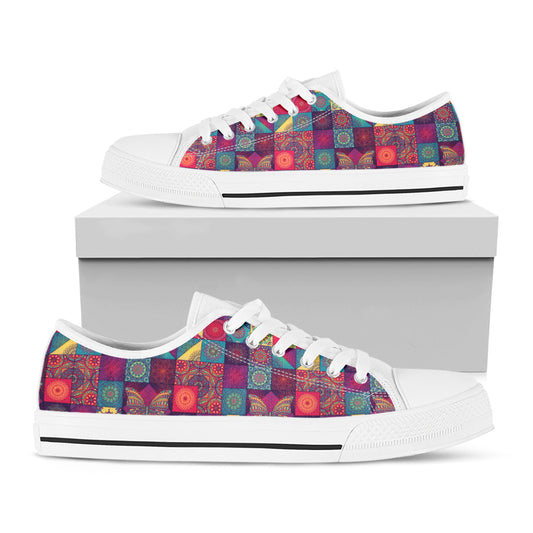 Bohemian Patchwork Pattern Print White Low Top Shoes