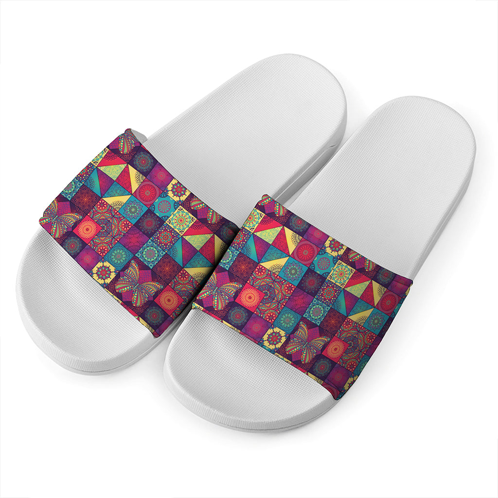 Bohemian Patchwork Pattern Print White Slide Sandals
