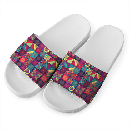 Bohemian Patchwork Pattern Print White Slide Sandals