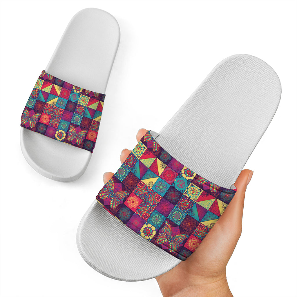 Bohemian Patchwork Pattern Print White Slide Sandals