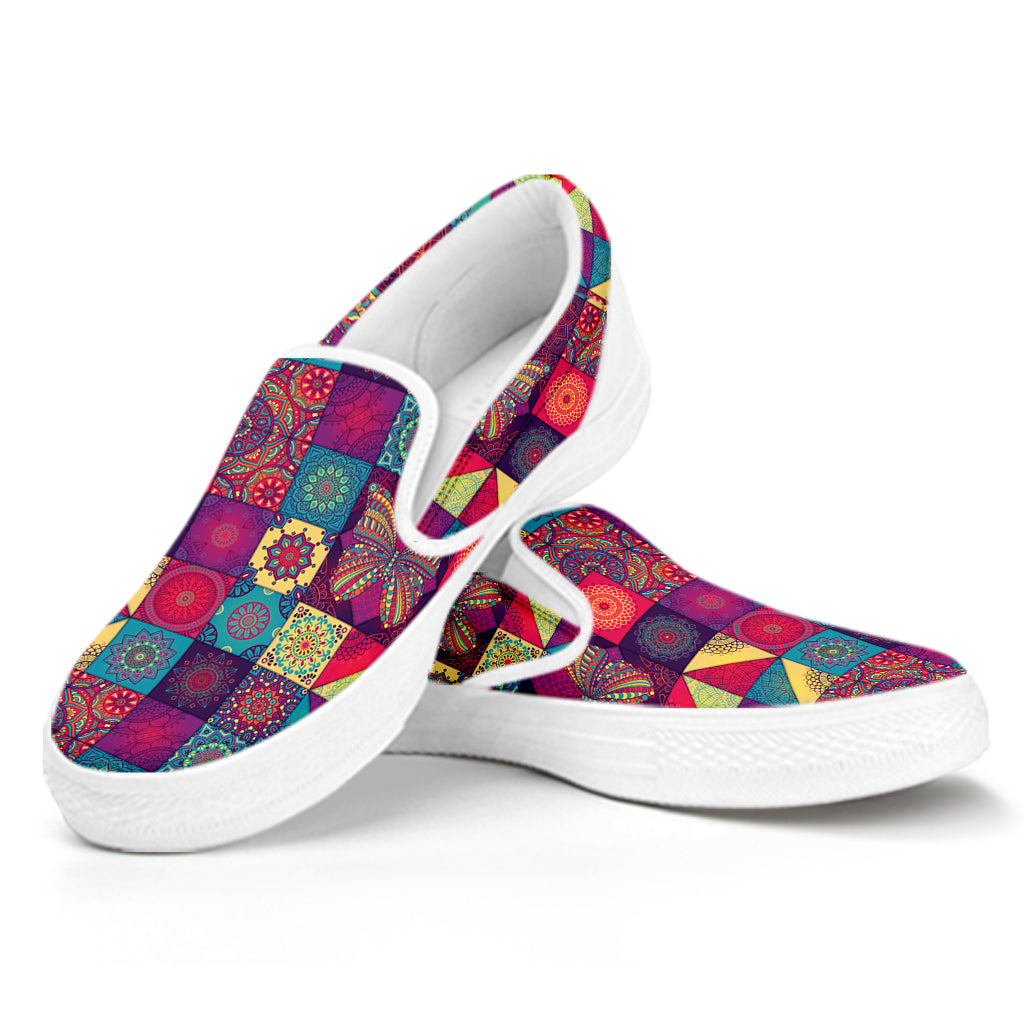 Bohemian Patchwork Pattern Print White Slip On Shoes