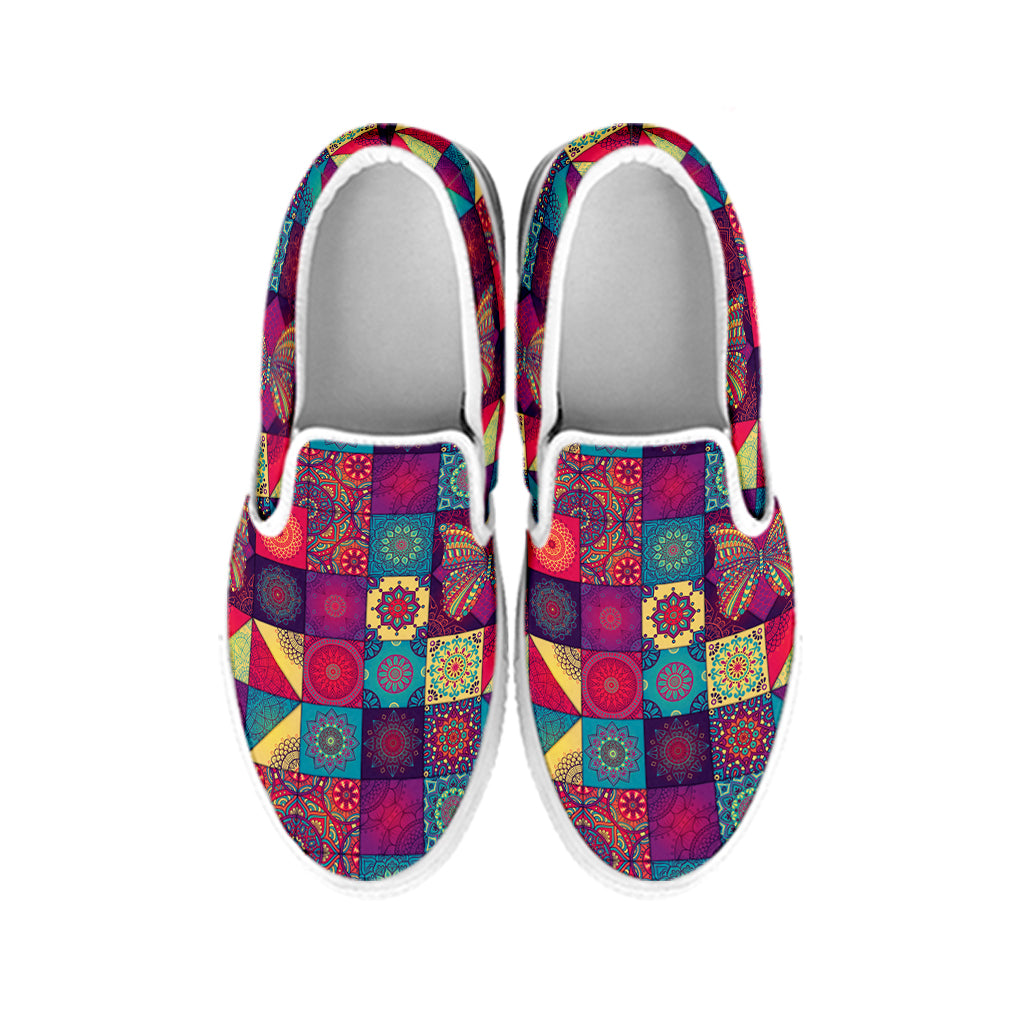 Bohemian Patchwork Pattern Print White Slip On Shoes