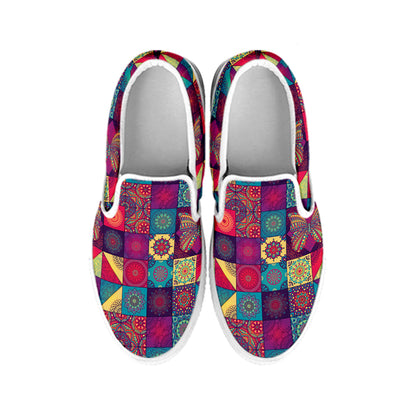 Bohemian Patchwork Pattern Print White Slip On Shoes