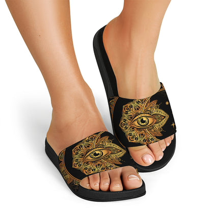 Bohemian Sun And Moon Print Black Slide Sandals