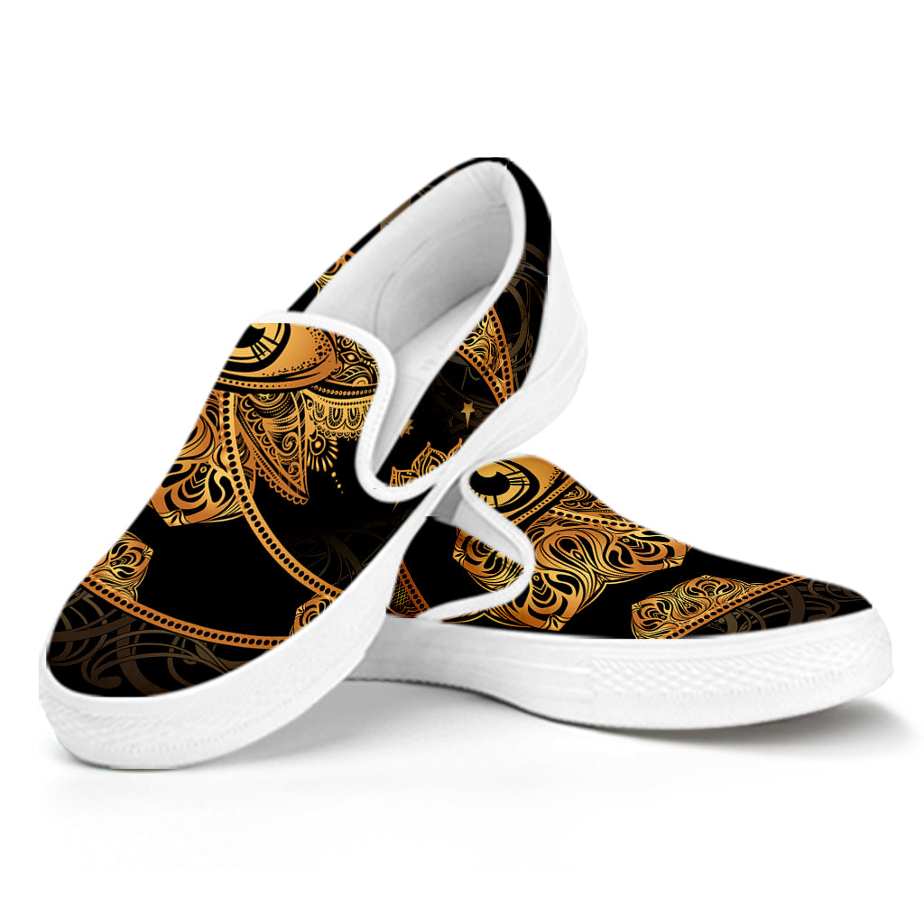 Bohemian Sun And Moon Print White Slip On Shoes