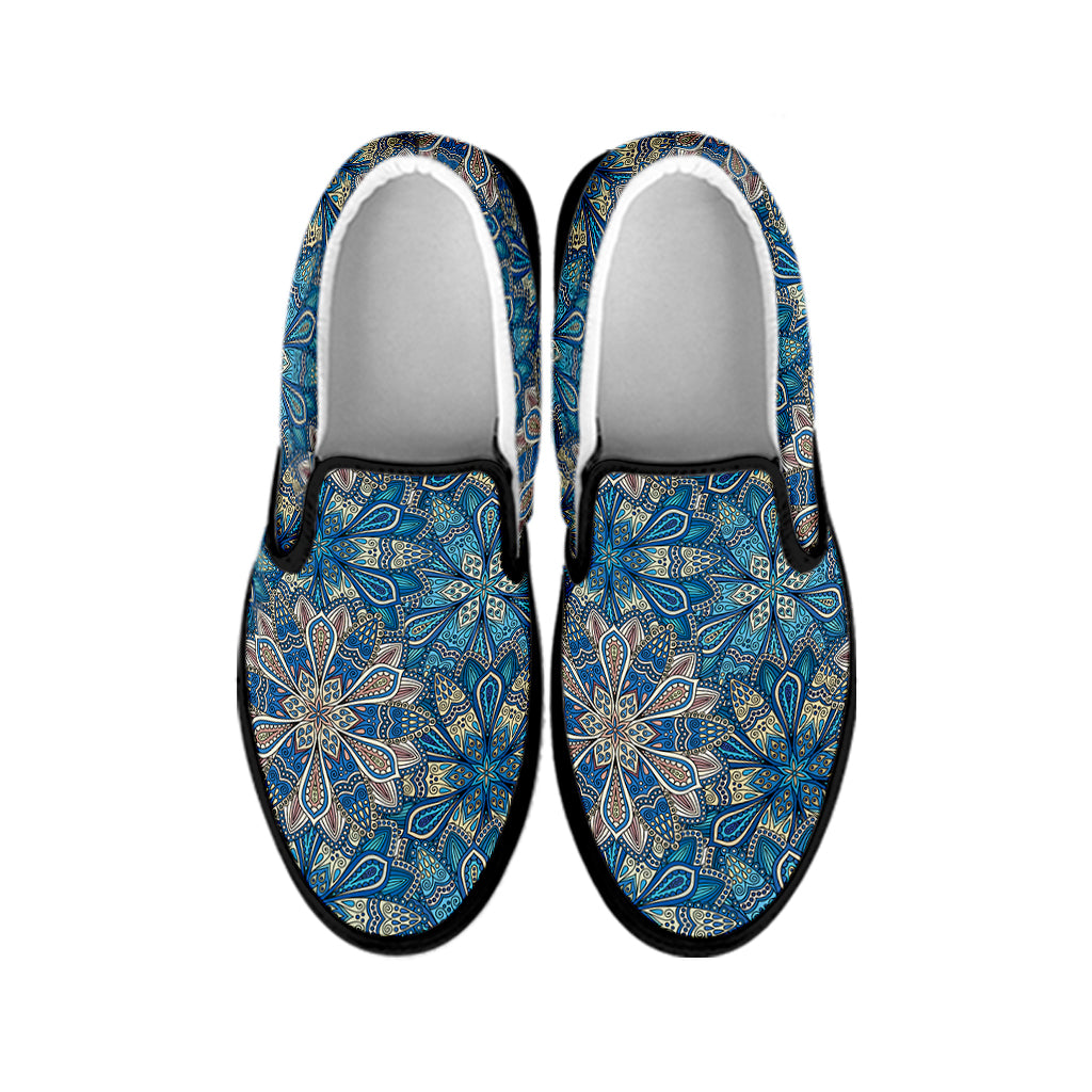 Boho Chic Mandala Floral Print Black Slip On Shoes