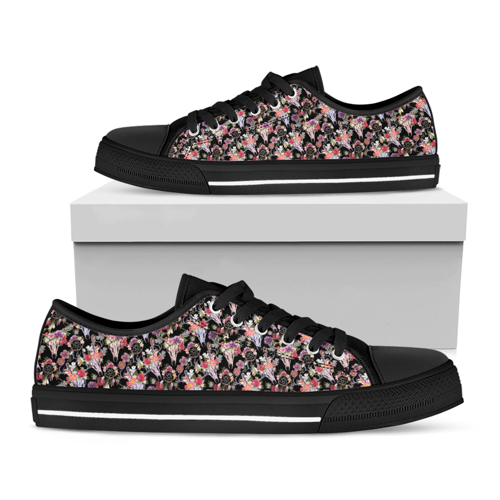 Boho Deer Skull Pattern Print Black Low Top Shoes