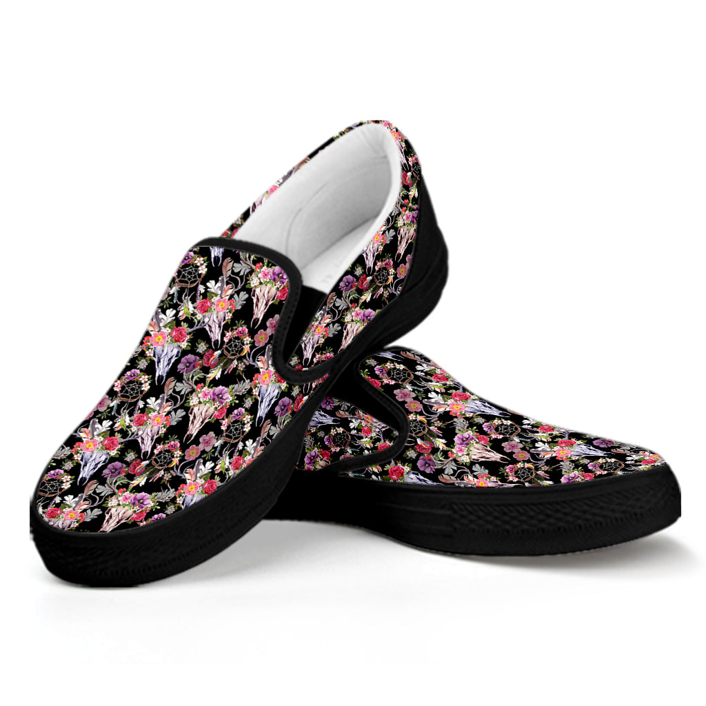 Boho Deer Skull Pattern Print Black Slip On Shoes