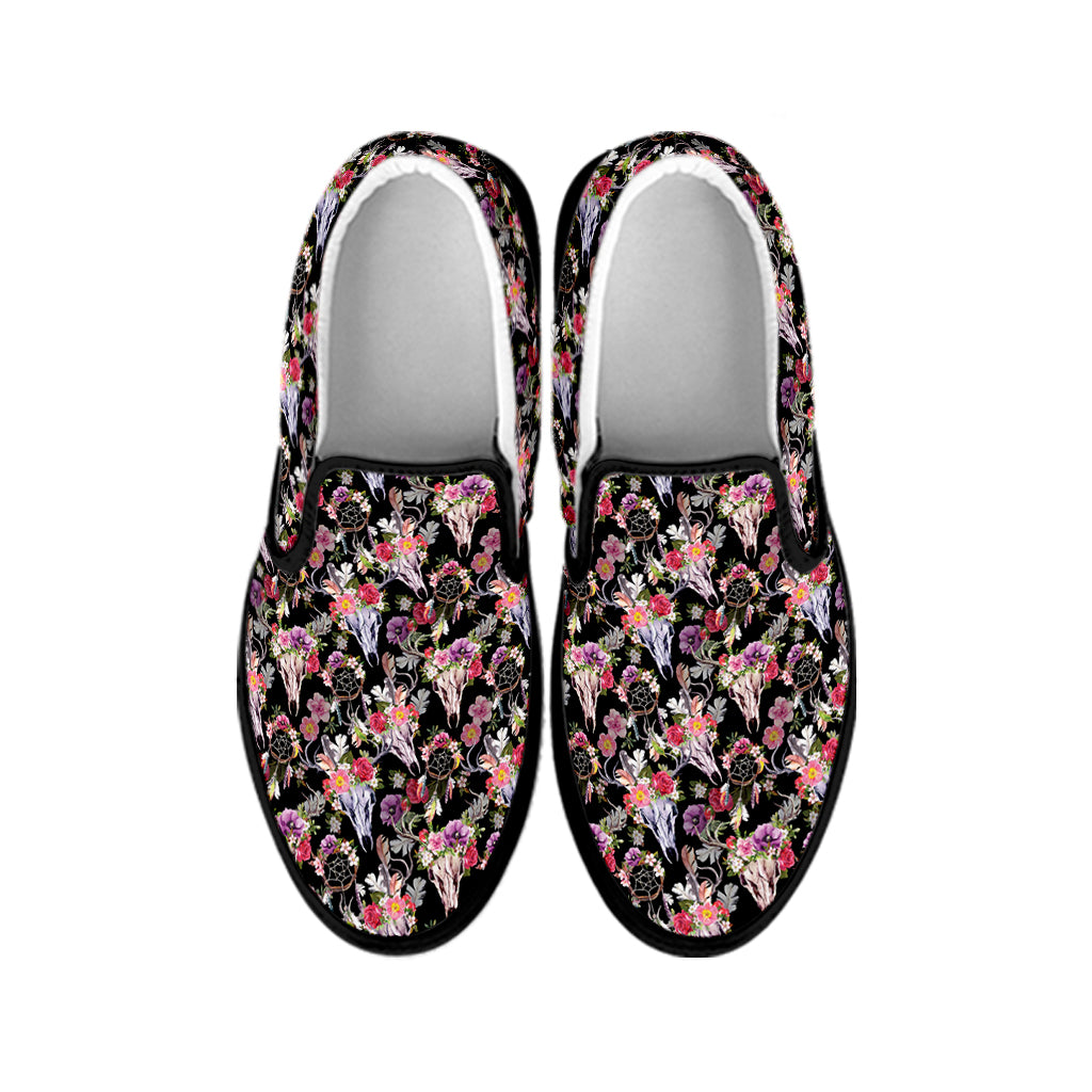 Boho Deer Skull Pattern Print Black Slip On Shoes