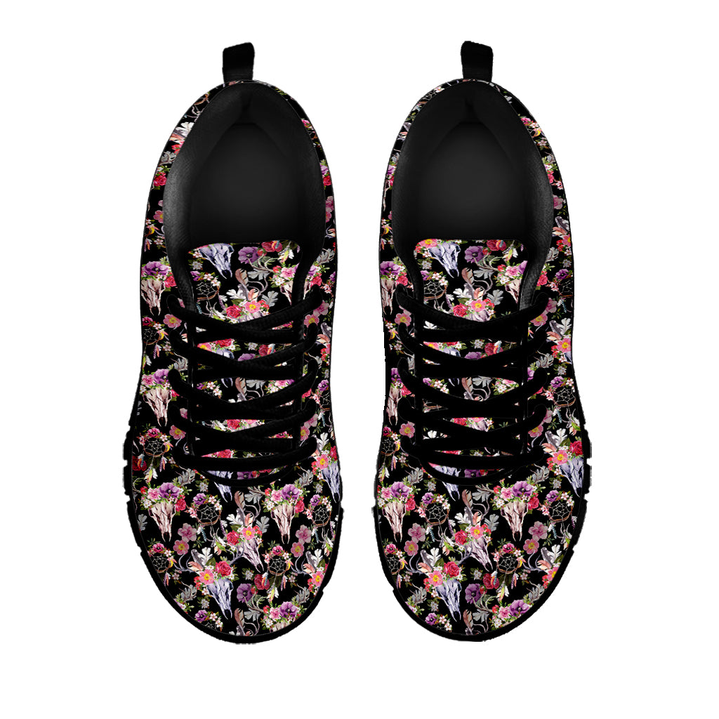 Boho Deer Skull Pattern Print Black Sneakers