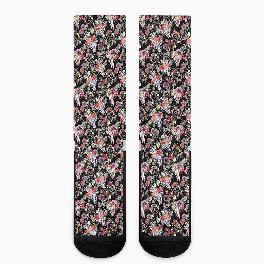 Boho Deer Skull Pattern Print Crew Socks