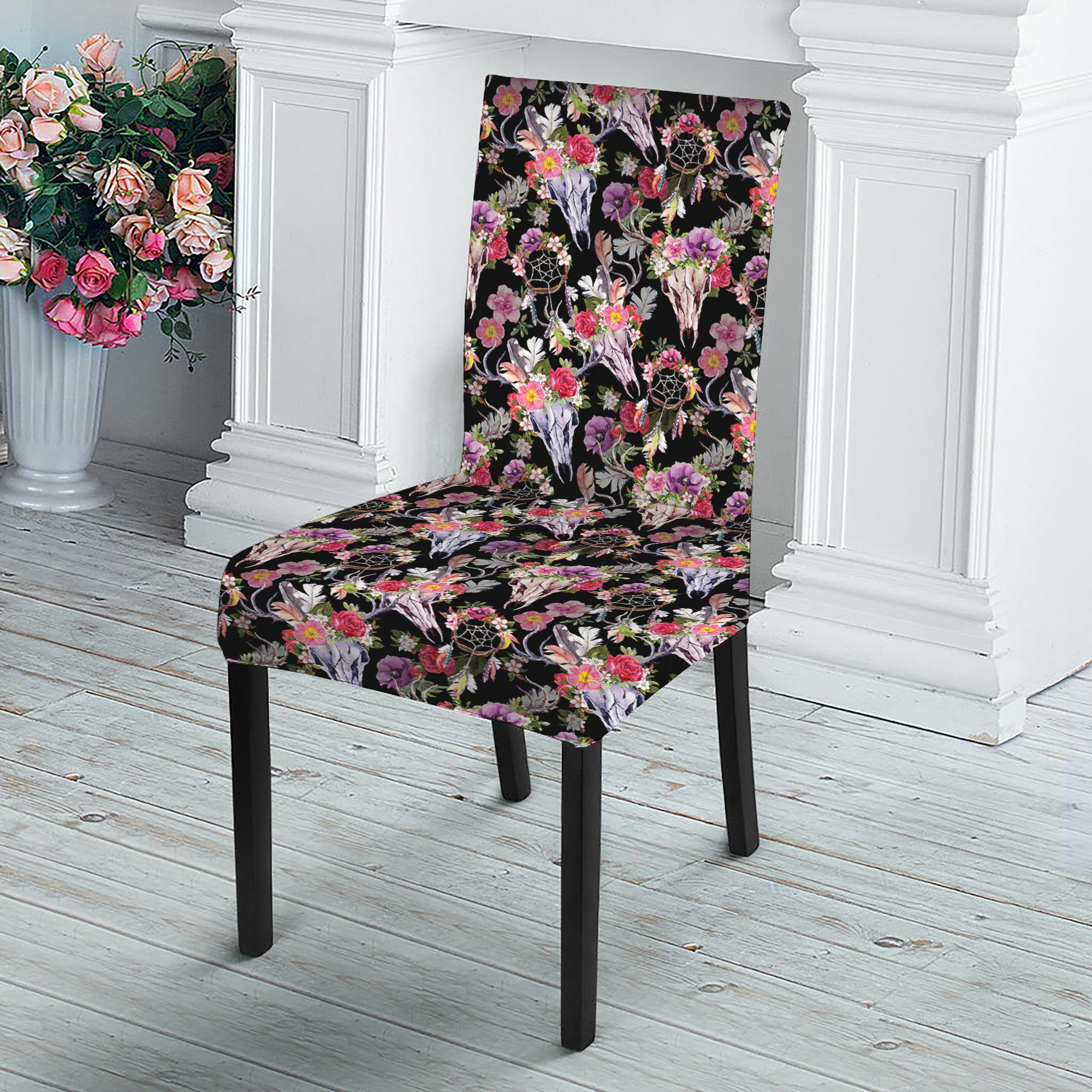 Boho Deer Skull Pattern Print Dining Chair Slipcover