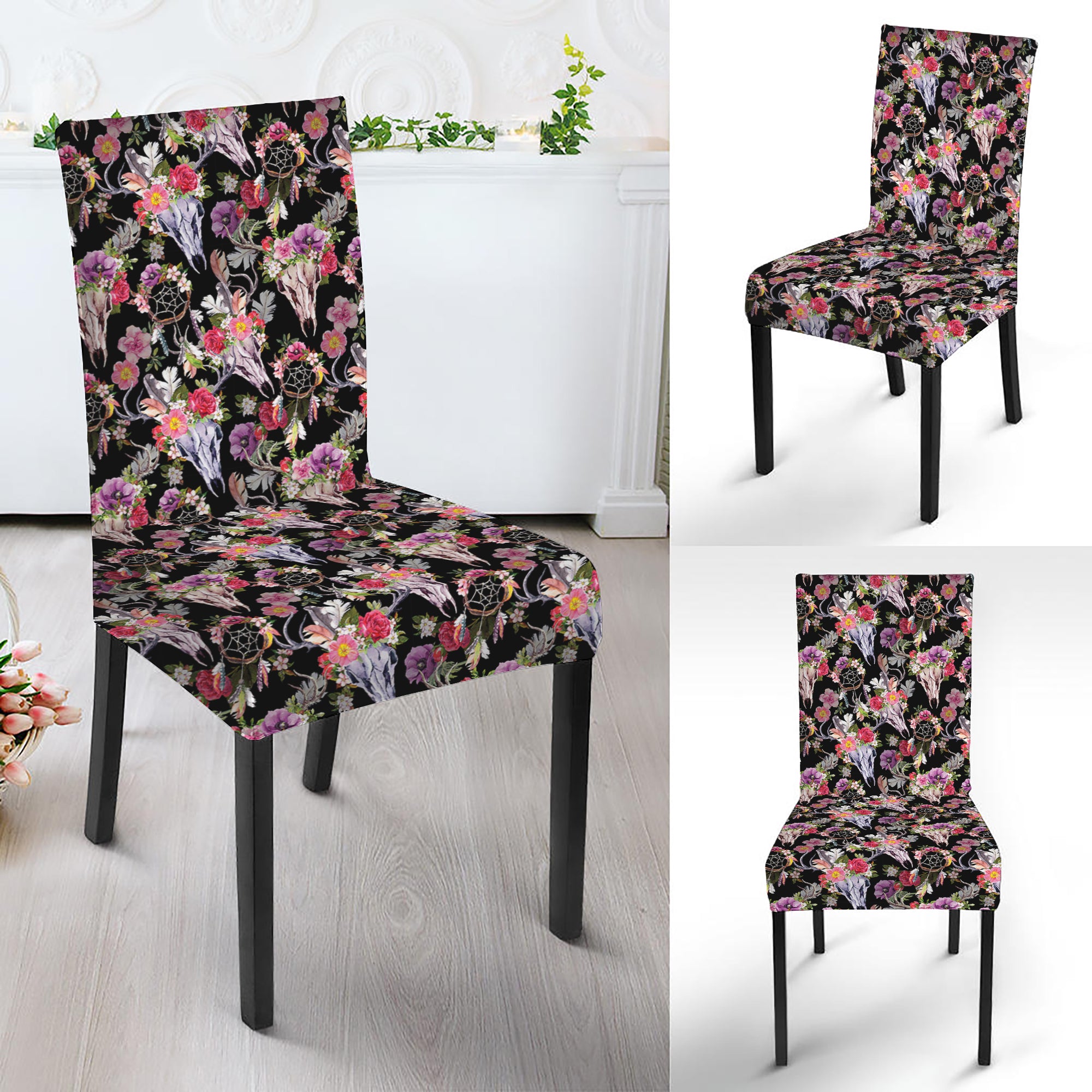 Boho Deer Skull Pattern Print Dining Chair Slipcover