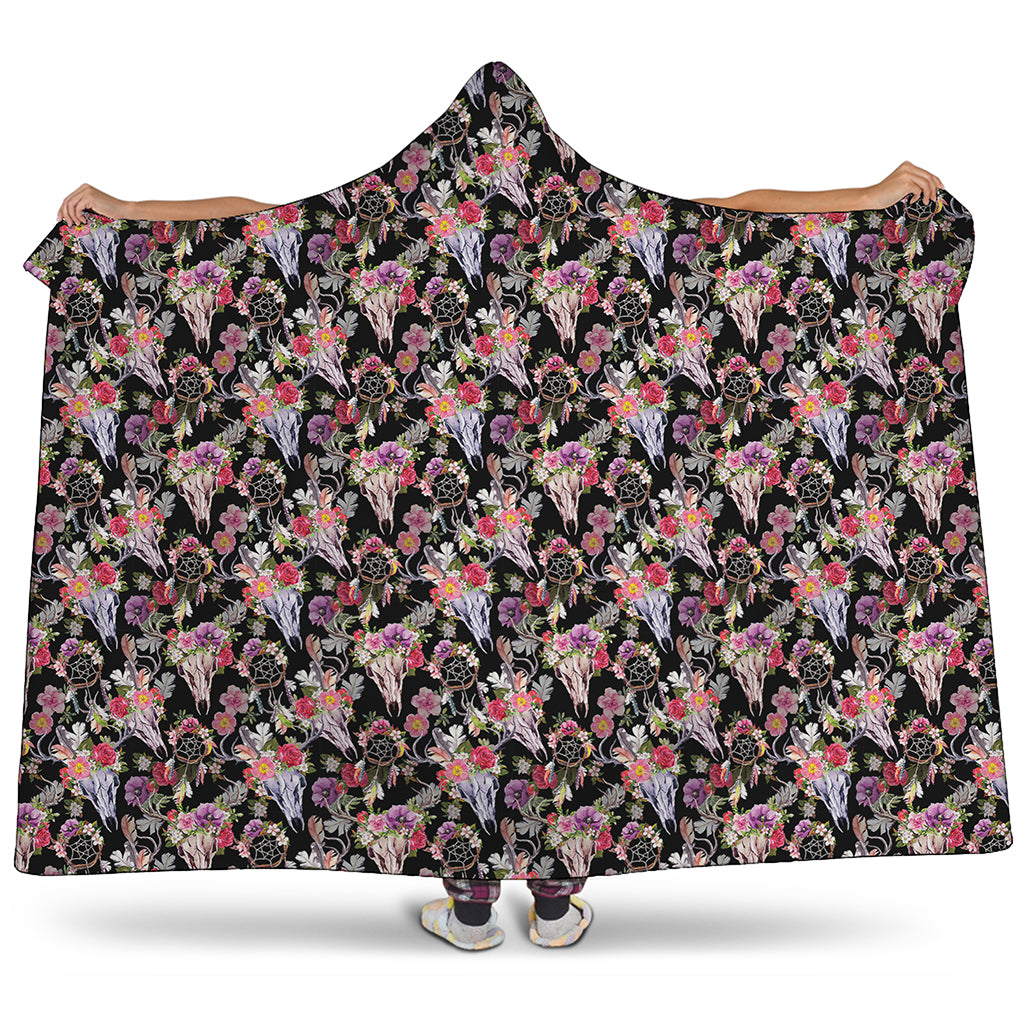Boho Deer Skull Pattern Print Hooded Blanket