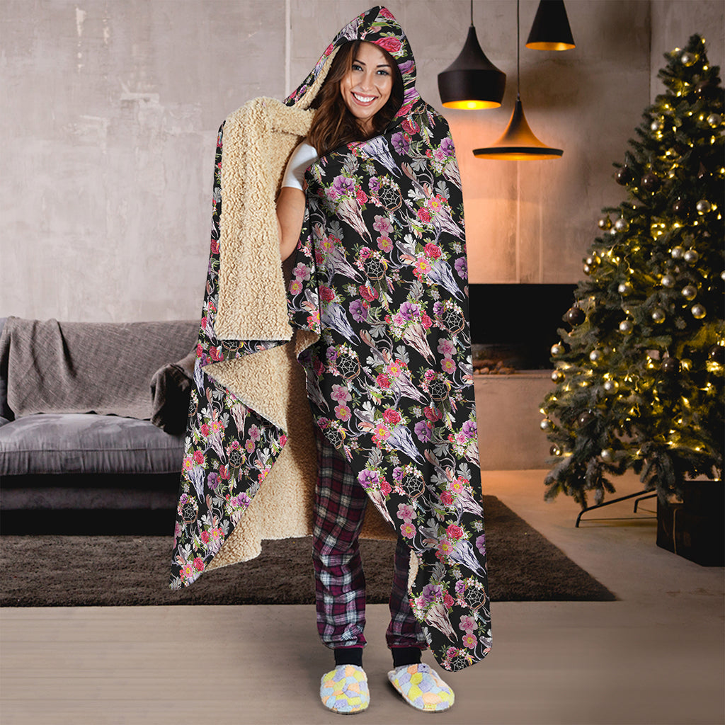 Boho Deer Skull Pattern Print Hooded Blanket
