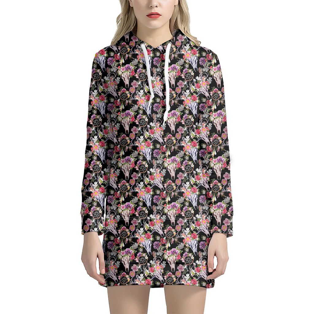 Boho Deer Skull Pattern Print Hoodie Dress