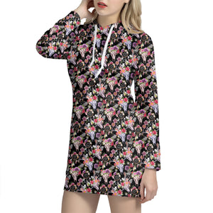 Boho Deer Skull Pattern Print Hoodie Dress