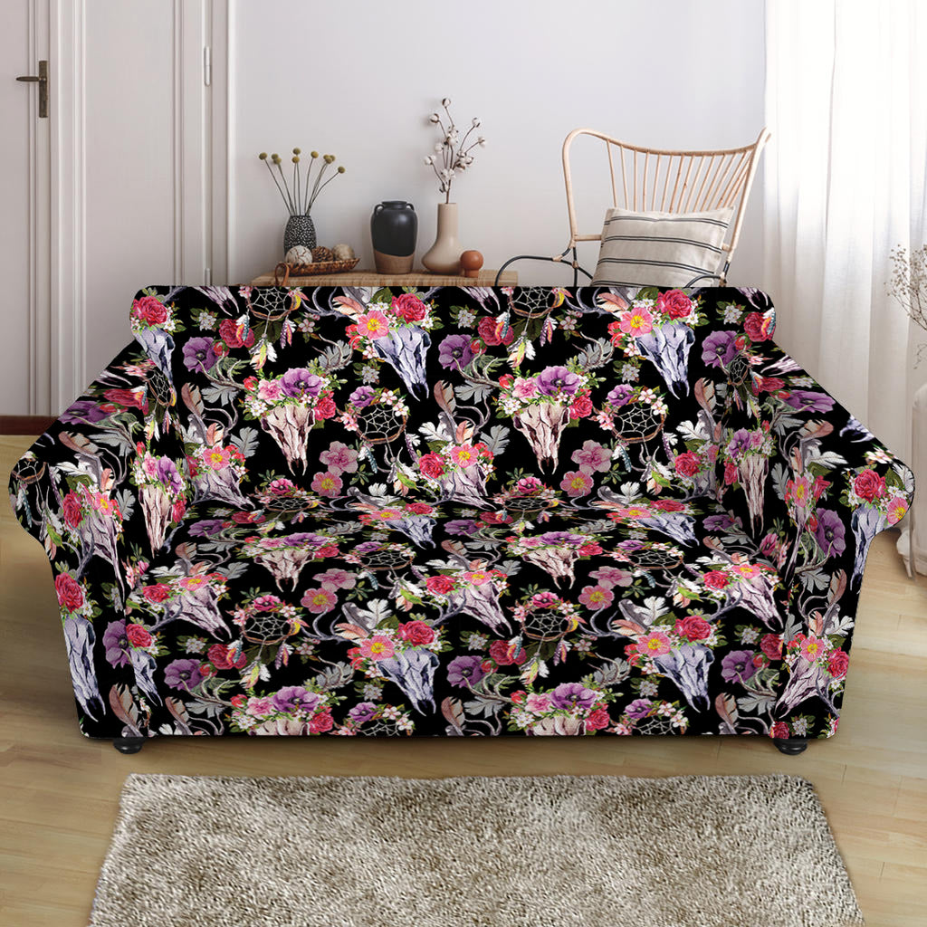 Boho Deer Skull Pattern Print Loveseat Slipcover