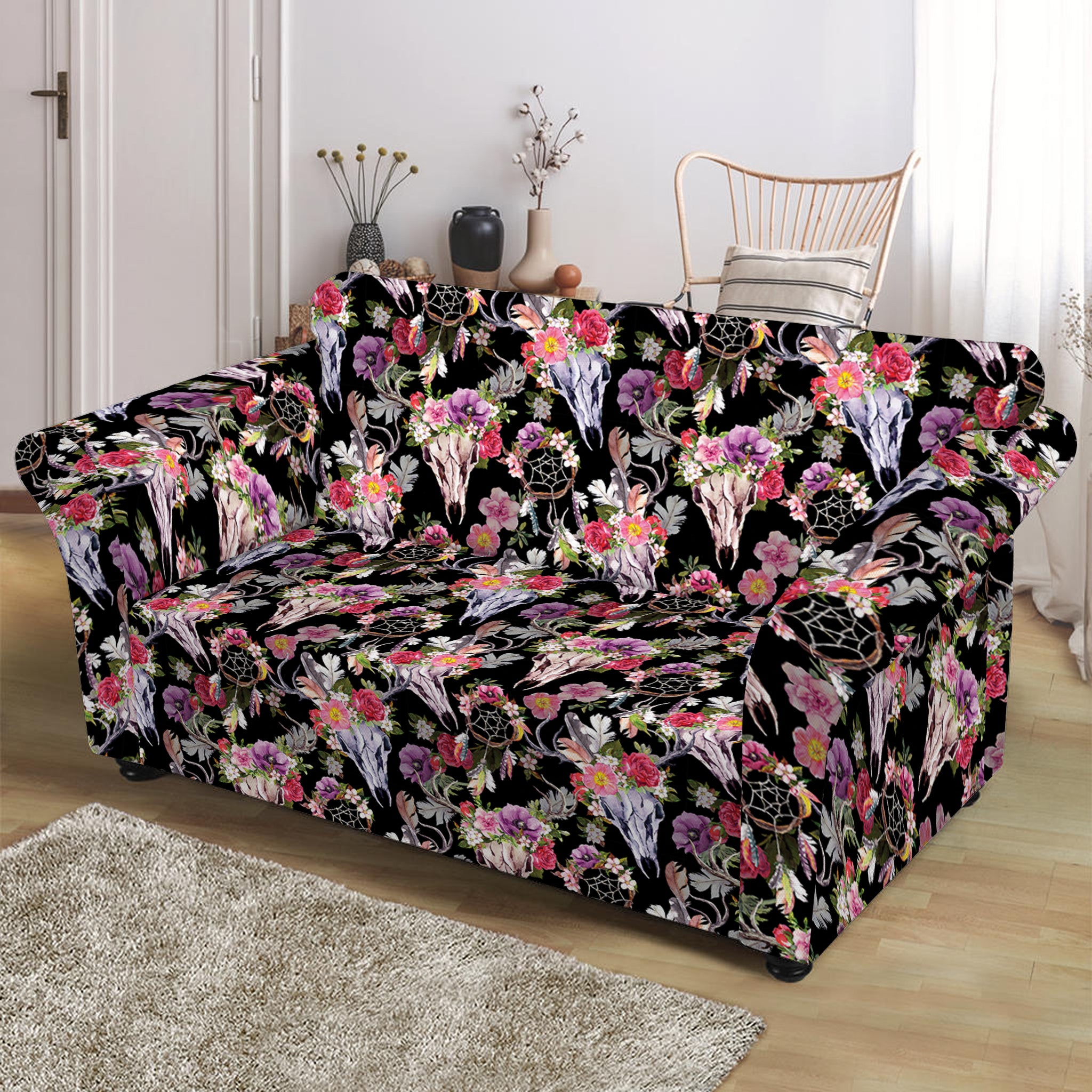 Boho Deer Skull Pattern Print Loveseat Slipcover