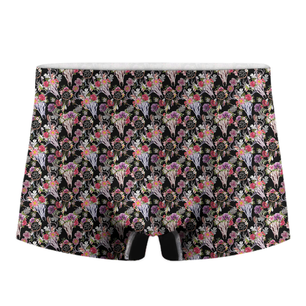 Boho Deer Skull Pattern Print Men's Boxer Briefs